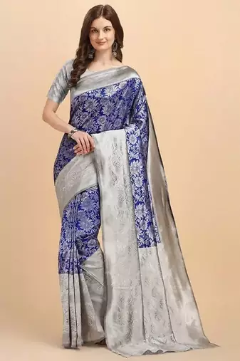 Blue grey soft silk blend banarasi jacuard work designer party wear saree with unstitched blouse piece