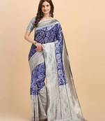Blue grey silk blend banarasi saree with unstitched blouse piece