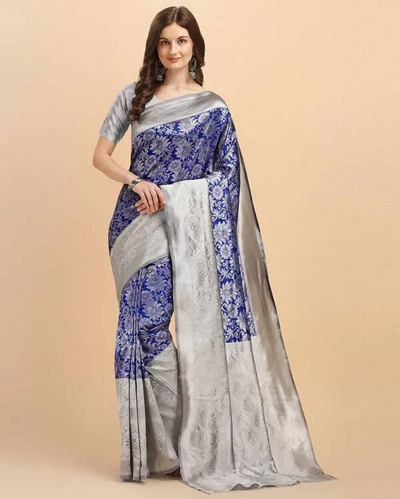 Blue grey soft silk blend banarasi jacuard work designer party wear saree with unstitched blouse piece