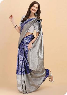 Blue grey silk blend banarasi saree with unstitched blouse piece 2