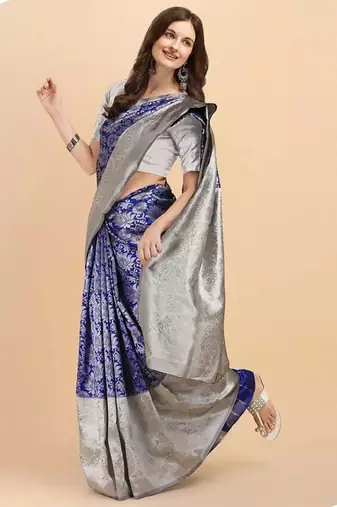 Blue grey silk blend banarasi saree with unstitched blouse piece