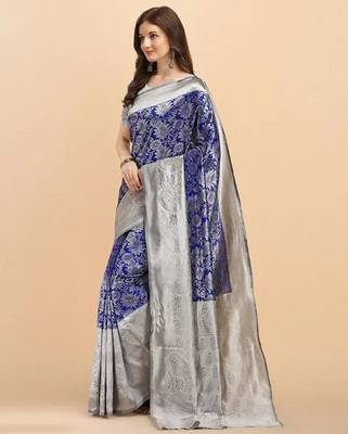 Blue grey silk blend banarasi saree with unstitched blouse piece 3