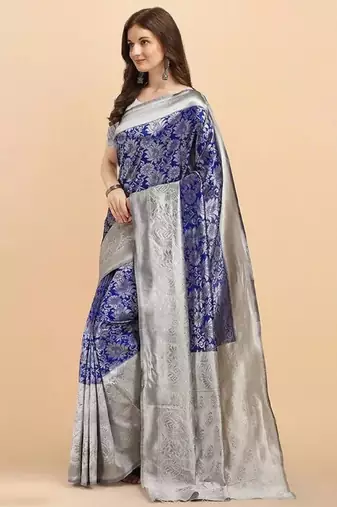 Blue grey silk blend banarasi saree with unstitched blouse piece