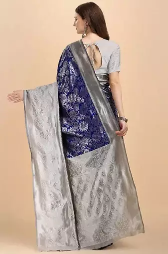 Blue grey silk blend banarasi saree with unstitched blouse piece