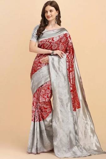 Maroon grey soft silk blend banarasi jacuard work designer party wear saree with unstitched blouse piece