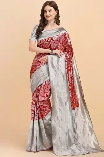 Maroon grey soft silk blend banarasi jacuard work designer party wear saree with unstitched blouse piece