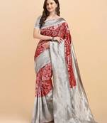 Maroon grey silk blend banarasi saree with unstitched blouse piece