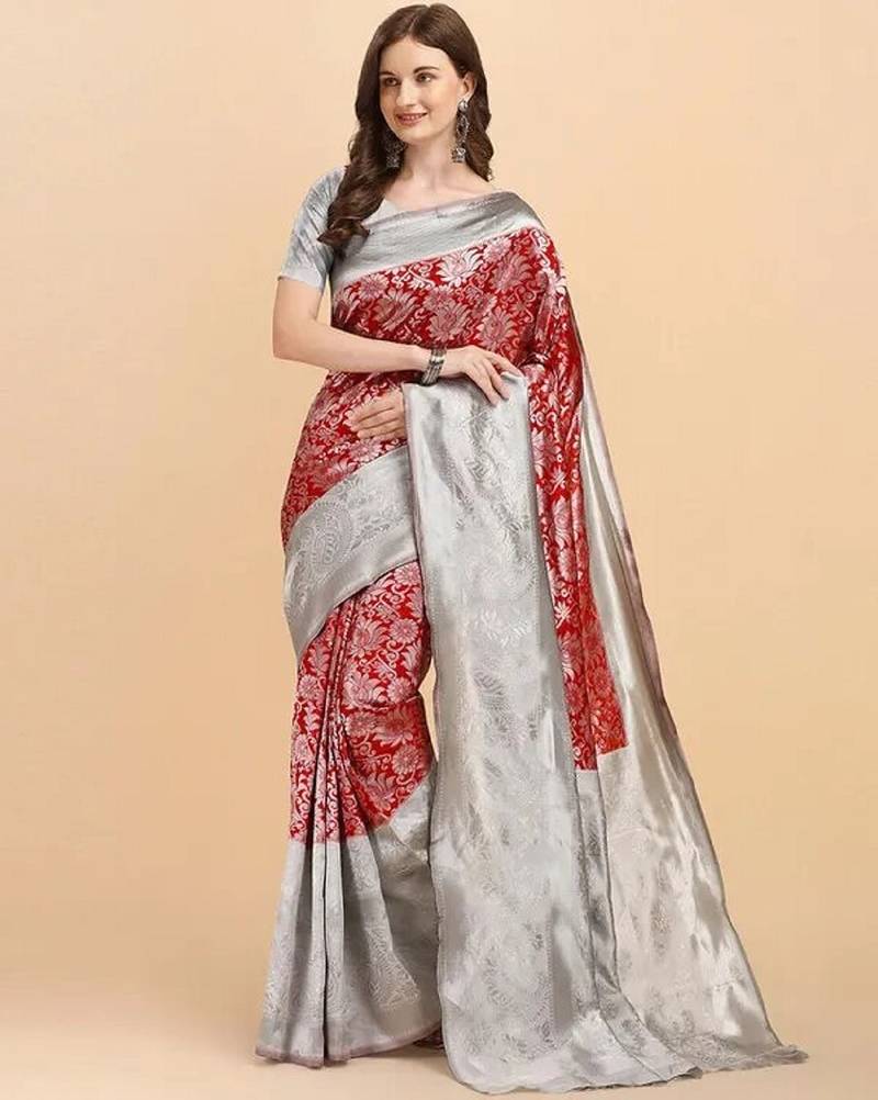 Maroon grey soft silk blend banarasi jacuard work designer party wear saree with unstitched blouse piece