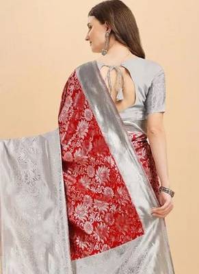 Maroon grey silk blend banarasi saree with unstitched blouse piece 2