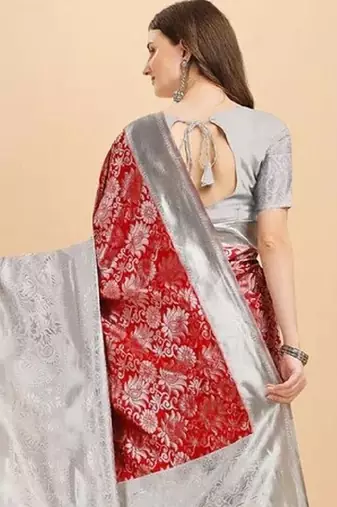 Maroon grey silk blend banarasi saree with unstitched blouse piece