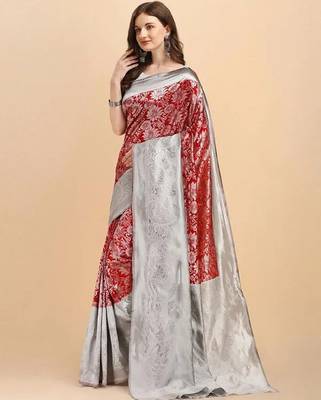 Maroon grey silk blend banarasi saree with unstitched blouse piece 3