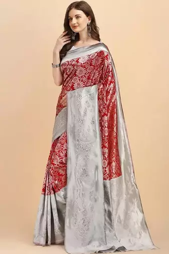 Maroon grey silk blend banarasi saree with unstitched blouse piece