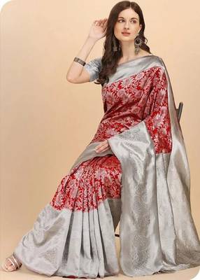 Maroon grey silk blend banarasi saree with unstitched blouse piece 4
