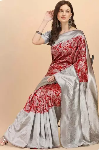 Maroon grey silk blend banarasi saree with unstitched blouse piece