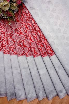 Maroon grey silk blend banarasi saree with unstitched blouse piece 5