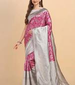 Pink grey silk blend banarasi saree with unstitched blouse piece