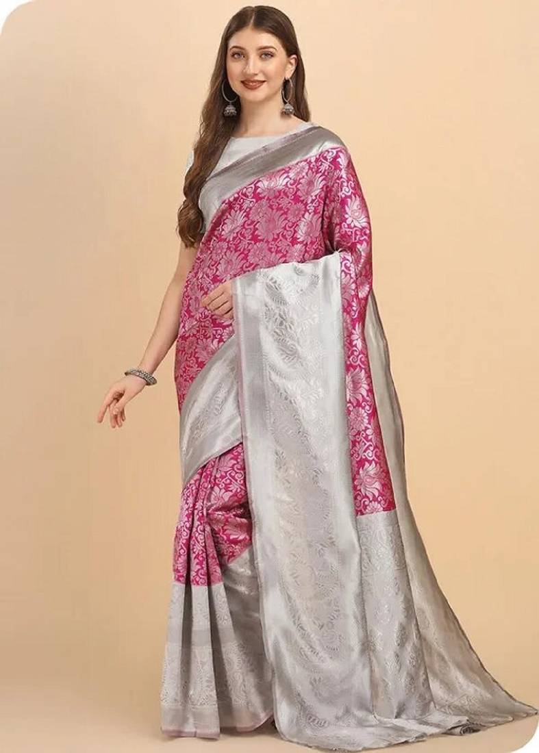 Pink grey soft silk blend banarasi jacuard work designer party wear saree with unstitched blouse piece