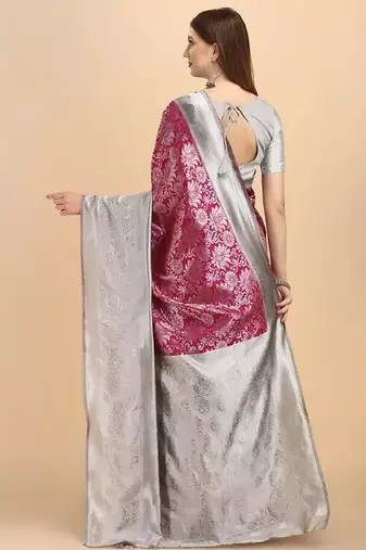 Pink grey silk blend banarasi saree with unstitched blouse piece