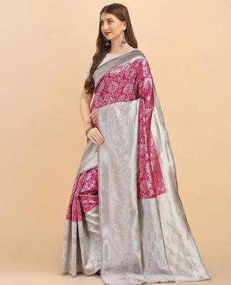Pink grey silk blend banarasi saree with unstitched blouse piece 3