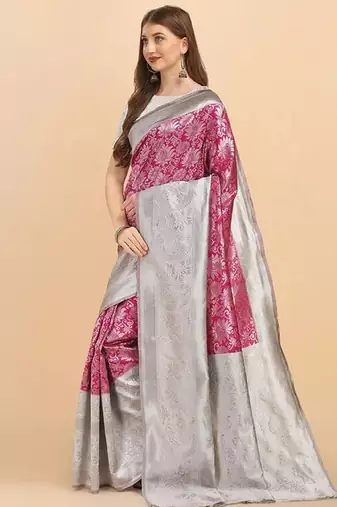 Pink grey silk blend banarasi saree with unstitched blouse piece