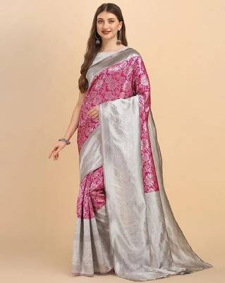 Pink grey silk blend banarasi saree with unstitched blouse piece 4