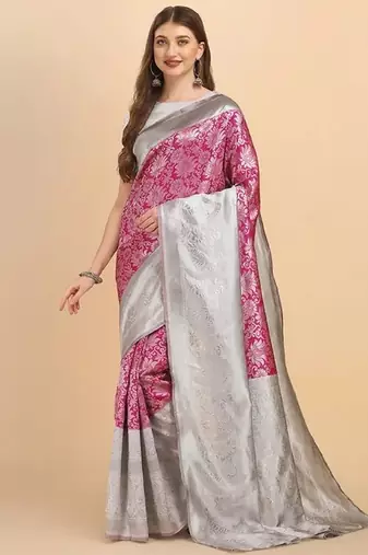 Pink grey silk blend banarasi saree with unstitched blouse piece