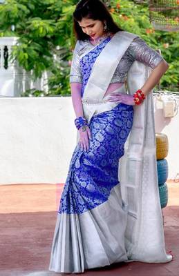 Blue grey silk blend banarasi saree with unstitched blouse piece 1