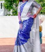 Blue grey silk blend banarasi saree with unstitched blouse piece