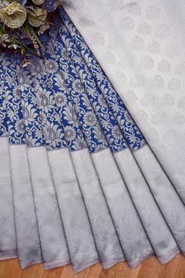 Blue grey silk blend banarasi saree with unstitched blouse piece 2