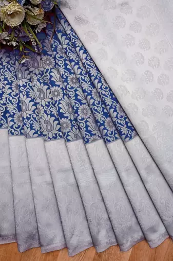 Blue grey silk blend banarasi saree with unstitched blouse piece
