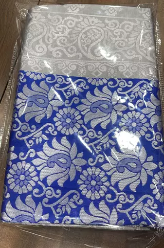 Blue grey silk blend banarasi saree with unstitched blouse piece