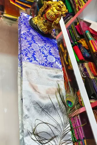 Blue grey silk blend banarasi saree with unstitched blouse piece