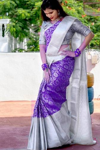Lavender grey soft silk blend banarasi jacuard work designer party wear saree with unstitched blouse piece