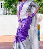 Lavender grey soft silk blend banarasi jacuard work designer party wear saree with unstitched blouse piece