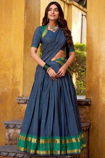 Wonderful Navy Blue Zari Weaving Chanderi Event Wear Half Saree Lehenga