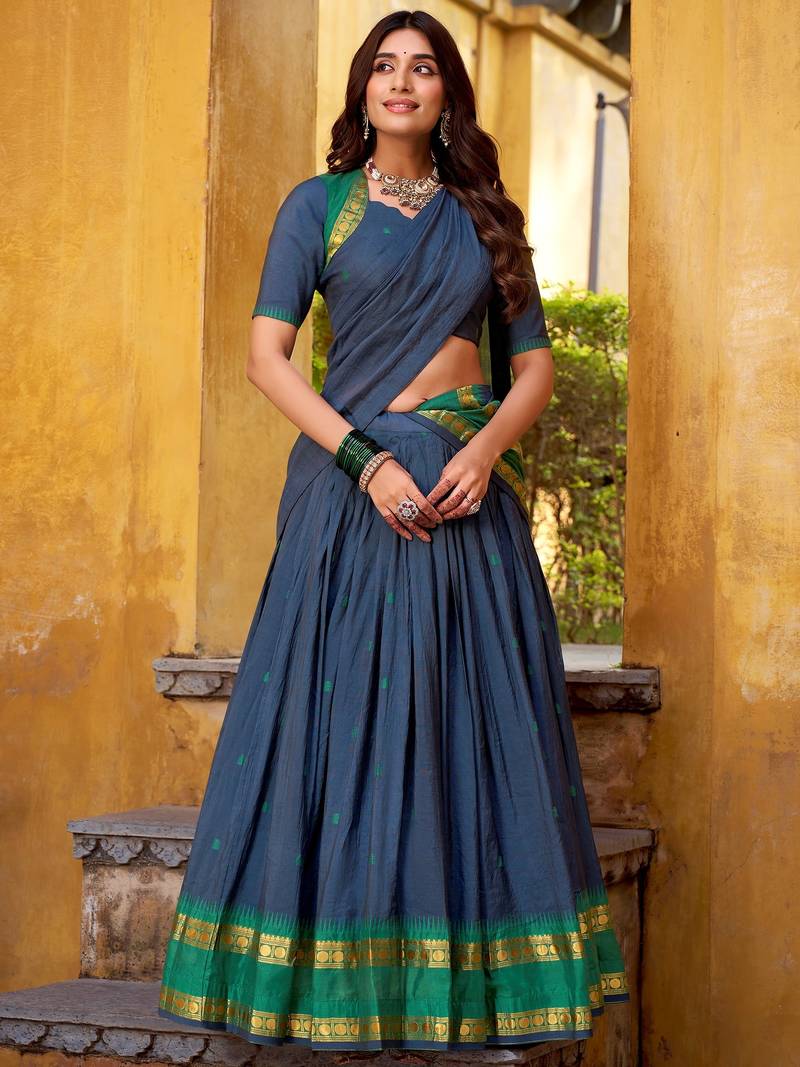 Wonderful Navy Blue Zari Weaving Chanderi Event Wear Half Saree Lehenga