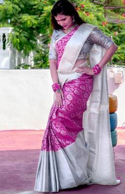 Pink grey silk blend banarasi saree with unstitched blouse piece 1