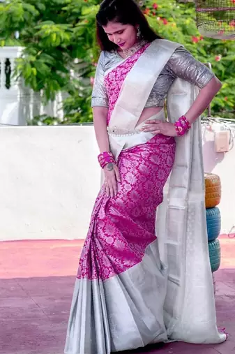 Pink grey soft silk blend banarasi jacuard work designer party wear saree with unstitched blouse piece