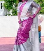Pink grey silk blend banarasi saree with unstitched blouse piece