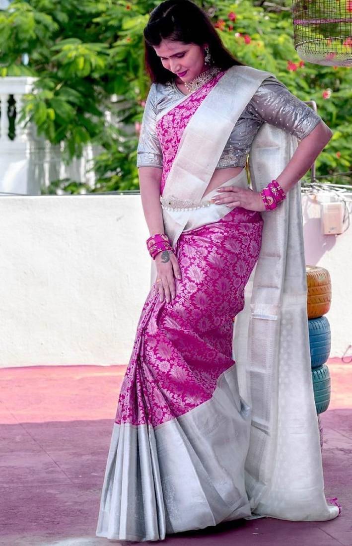 Pink grey soft silk blend banarasi jacuard work designer party wear saree with unstitched blouse piece