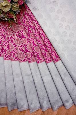 Pink grey silk blend banarasi saree with unstitched blouse piece 3