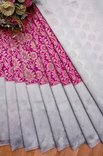 Pink grey silk blend banarasi saree with unstitched blouse piece