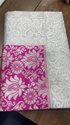 Pink grey silk blend banarasi saree with unstitched blouse piece 4