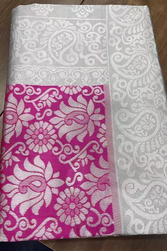Pink grey silk blend banarasi saree with unstitched blouse piece