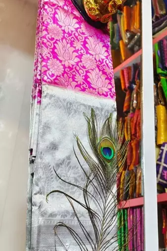 Pink grey silk blend banarasi saree with unstitched blouse piece