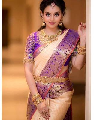 Peach purple silk blend banarasi saree with unstitched blouse piece 1