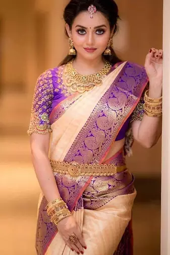 Peach purple soft silk blend banarasi jacuard work designer party wear saree with unstitched blouse piece