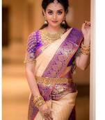 Peach purple silk blend banarasi saree with unstitched blouse piece