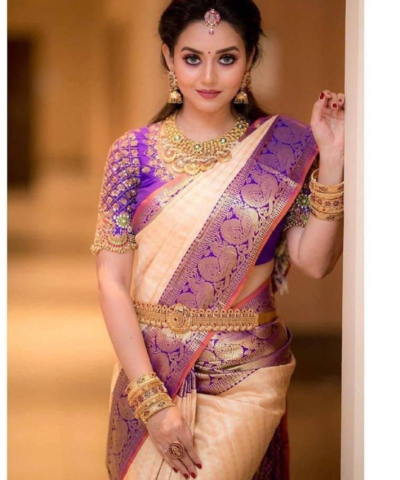 Peach purple soft silk blend banarasi jacuard work designer party wear saree with unstitched blouse piece