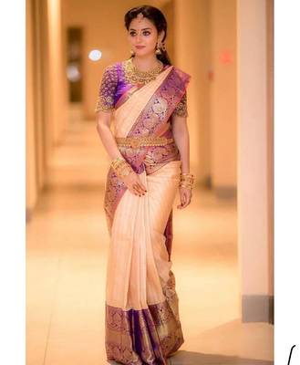 Peach purple silk blend banarasi saree with unstitched blouse piece 2